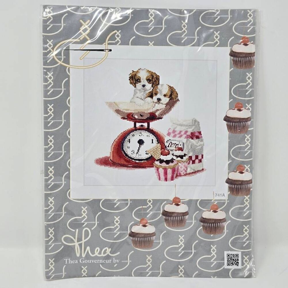 THEA GOUVERNEUR BV CROSS STITCH KIT 741A CUPCAKE PUPPY DOG 12.2" X 11.8" NEW